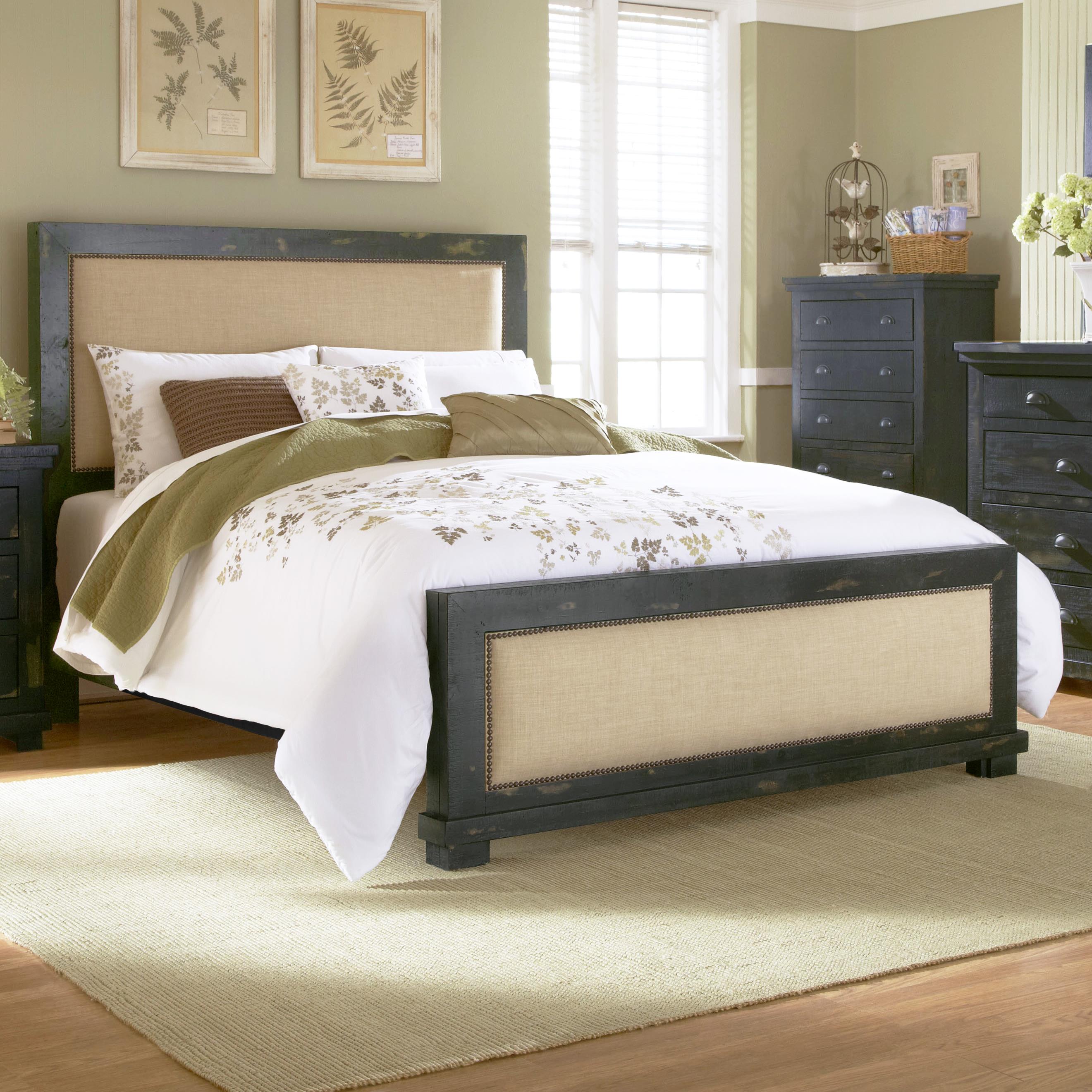 Progressive Furniture Willow Queen Upholstered Bed with Distressed Pine Frame Find Your